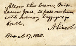 Letter, Abraham Lincoln to Unknown, Pass for Laura Jones to cross lines into South, March 17, 1865