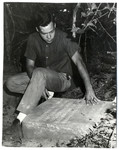 Member of Mississippi Archaeological Association with marker for Chocchuma Indian ceremonial mound.