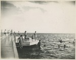 People Swimming in the Gulf and Standing on a Pier and Swim Platform