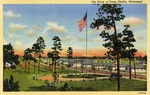 A Bird's Eye View of Camp Shelby Buildings, Roads, Pine Trees, and The U. S. Flag