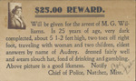 Reward for Arrest of M. G. Williams, Natchez, Mississippi
