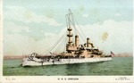 United States Ship Oregon on the Water with Sailors on Deck and the Coast in the Background