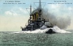 United States Battleship "Nebraska" Moving Through the Open Water With Billowing Smoke Surrounding It