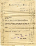 Letters, Assistant Cashier of Guaranty State Bank to Charles Electious Williams, September 7, 1920 and Charlie Electious Williams to His Cousin, October 29, 1920 by Charlie Electious Williams