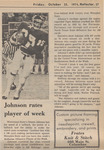 Newspaper Article, Johnson Rates Player of the Week, October 25, 1974