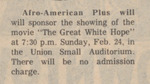Newspaper Clipping, Afro-American Plus Sponsoring A Movie Showing, February 22, 1974