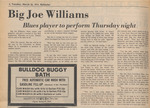 Newspaper Article, Big Joe Williams: Blues Player to Perform Thursday Night, March 26, 1974