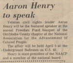 Newspaper Article, Aaron Henry to Speak, March 29, 1974