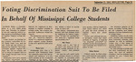 Newspaper article, Voting Discrimination Suit to be Filed in Behalf of Mississippi College Students, September 17, 1971