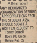 Newspaper Announcement, Student Association Appropriations Requests, February 15, 1972