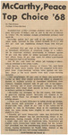 Newspaper Article, McCarthy, Peace Top Choice '68 , May 7, 1968