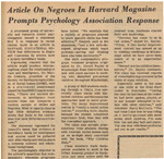 Newspaper article, Article On Negroes In Harvard Magazine Prompts Psychology Association Response, May 13, 1969