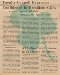 Newspaper article, Faculty Council Expresses Confidence In President Giles: Council Approves Of Giles' Decision On Speaker Policy, March 13, 1970