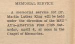 Newspaper article, Memorial Service, April 3, 1970