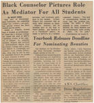Newspaper article, Black Counselor Pictures Role As Mediator For All Students, Mary Dier, September 25, 1970